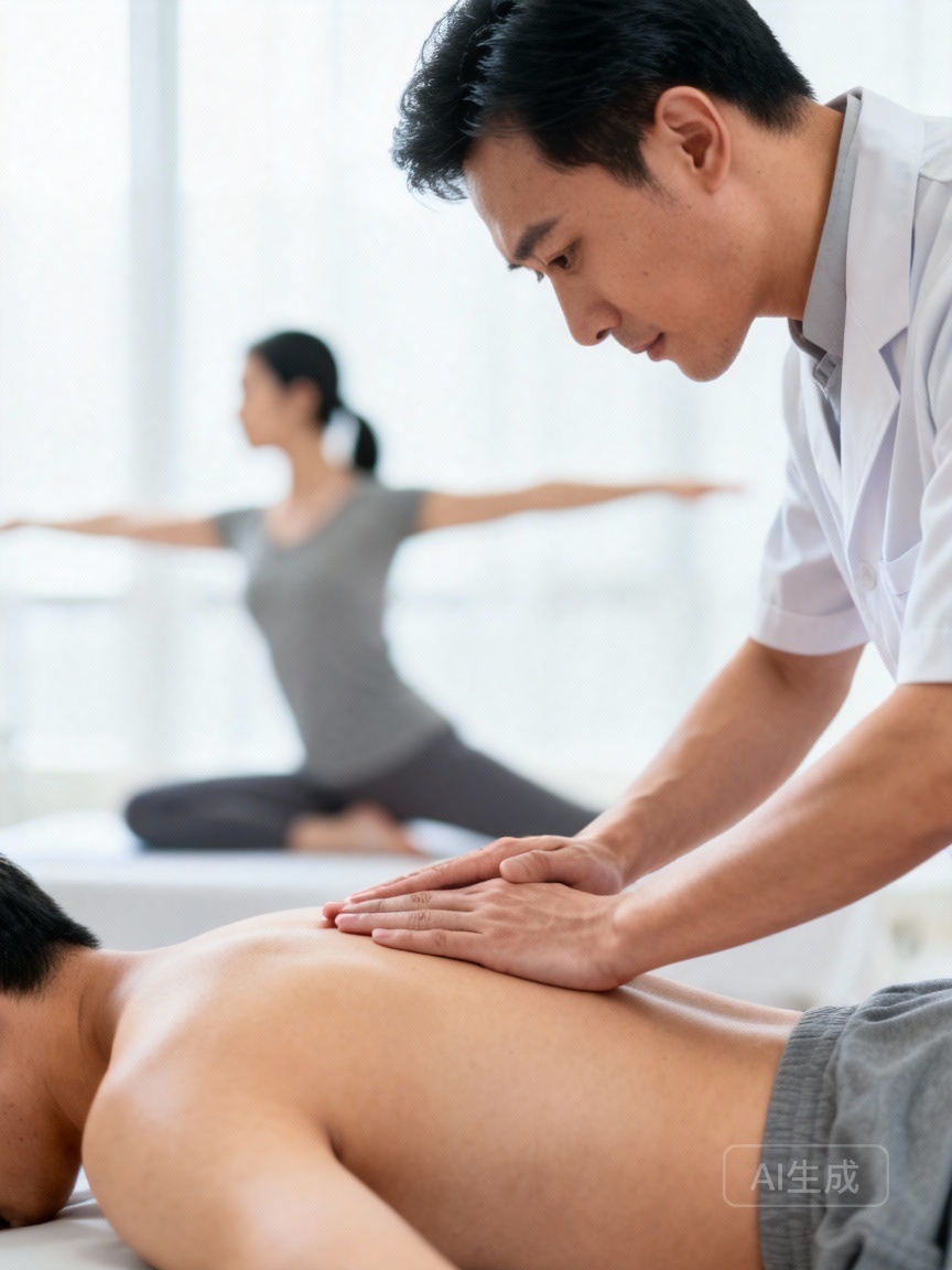 Active person doing sports rehabilitation exercises with Tuina support