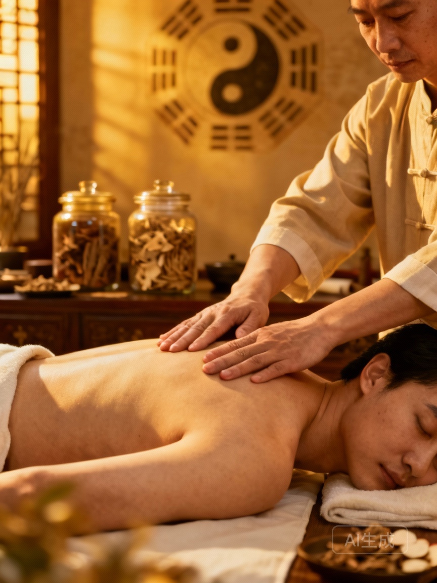 Tuina for Frozen Shoulder: practitioner applying gentle pressure to patient's shoulder