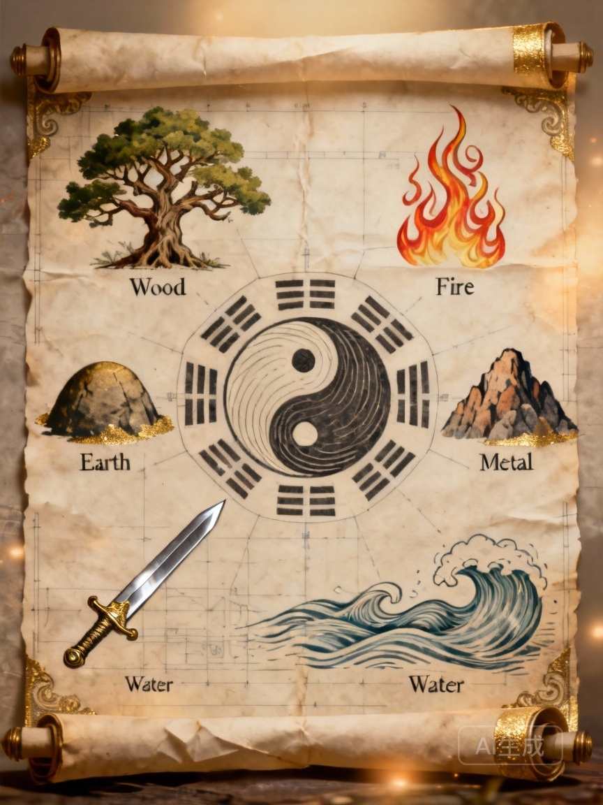 Yin Yang Five Elements Relationship, elemental cycle illustration.