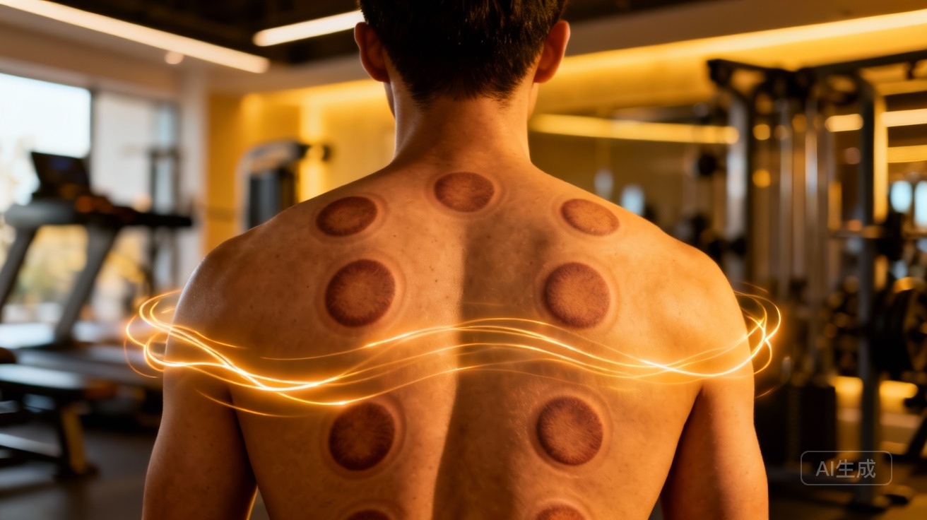 Cupping for Sports Recovery: Close-up of cupping cups on an athlete's back, showing suction marks