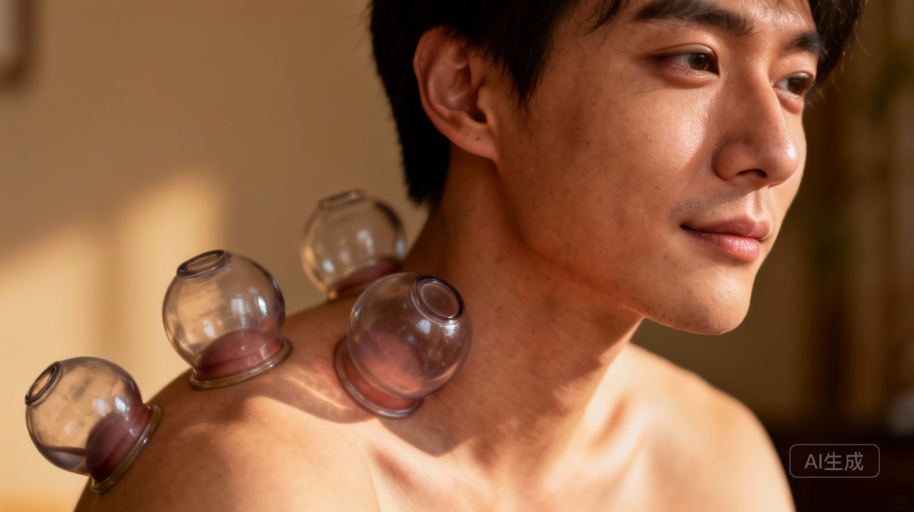 Cupping therapy for neck and shoulder stiffness, showing suction cups