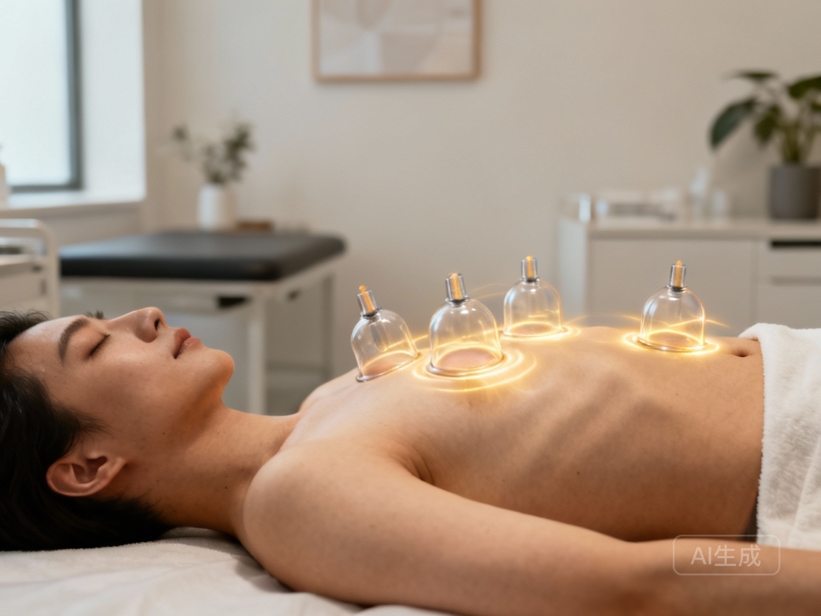 Cupping for Digestion with clear glass cups on abdomen.
